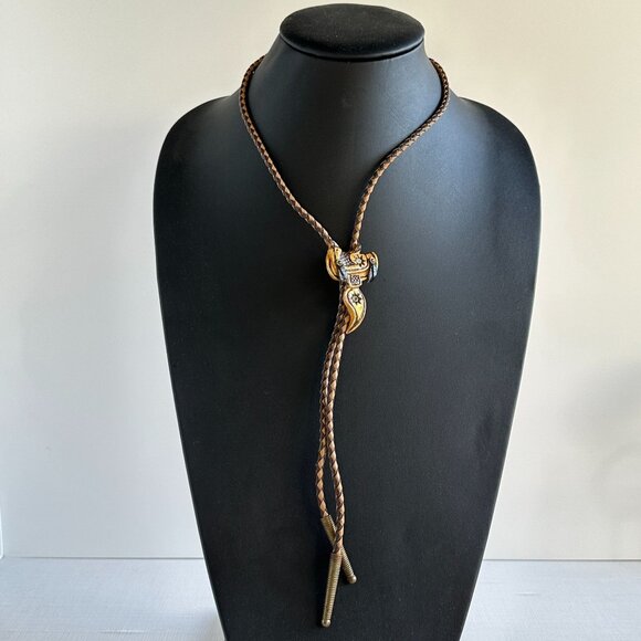 1960s–1970s Tooled Leather Saddle Bolo Tie, Western Bolo with Brass Tips - Picture 10 of 11